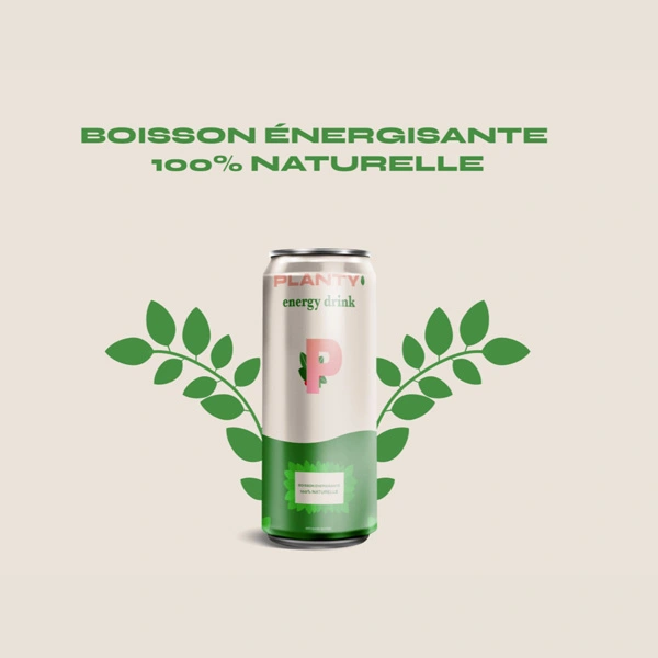 Image d'une cannette Planty avec le titre au dessus : boisson énérgisante 100% naturelle